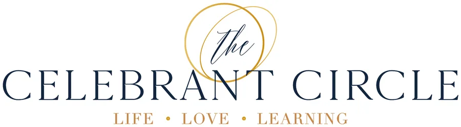 The Celebrant Circle logo: the word The in navy script inside a gold ring, above Celebrant Circle in navy capitals and the motto Life, Love, Learning in gold.