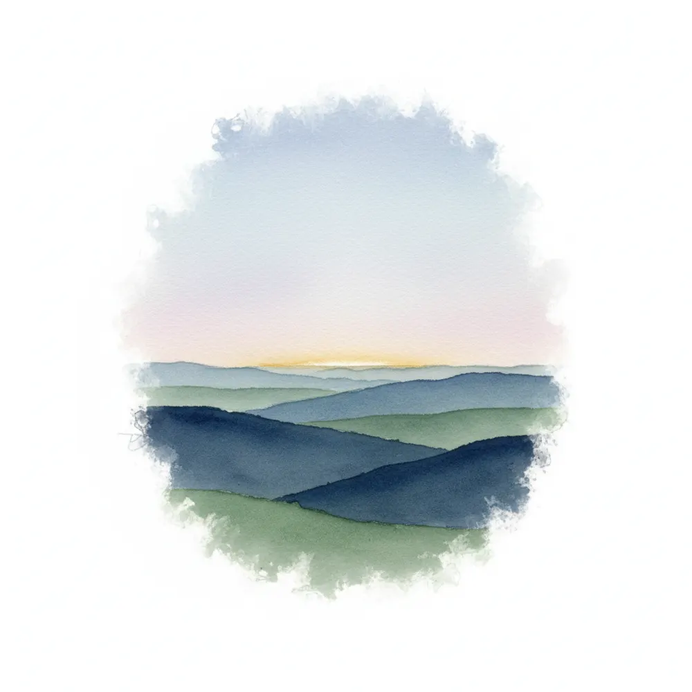Watercolour artwork of quiet rolling hills in deep navy and soft sage, under a pale evening sky with a faint band of gold light on the horizon.