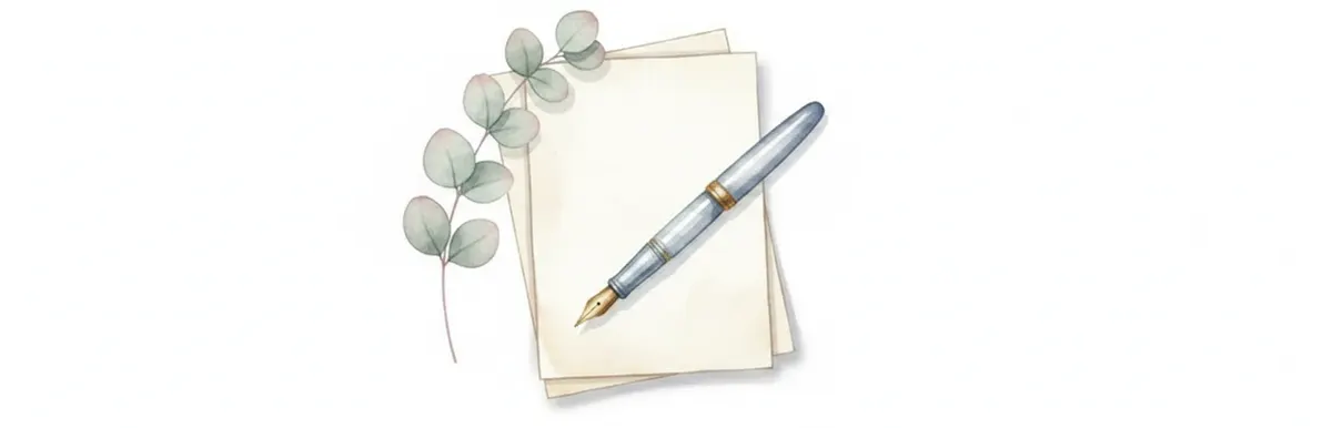 Watercolour artwork of a fountain pen resting on plain cream writing paper, with a sprig of eucalyptus laid beside it.