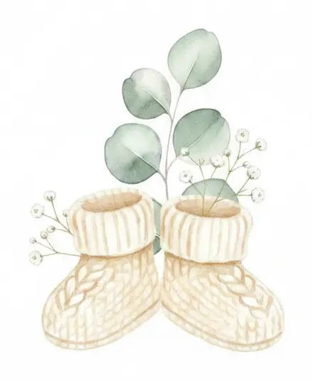 Watercolour illustration of a pair of cream knitted baby booties amongst eucalyptus leaves and tiny white gypsophila flowers.