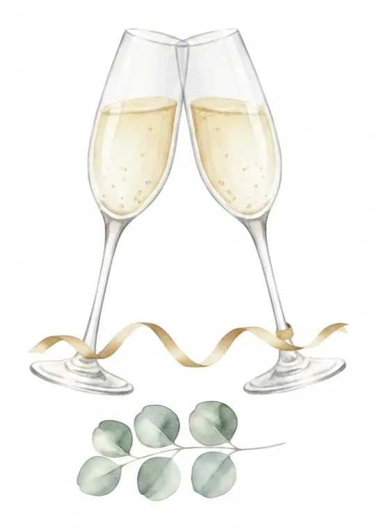 Watercolour illustration of two champagne glasses touching in a toast, a gold ribbon curled around their stems above a eucalyptus sprig.