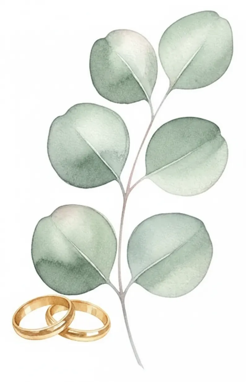 Watercolour illustration of two interlinked gold wedding bands resting beneath a sprig of sage-green eucalyptus.